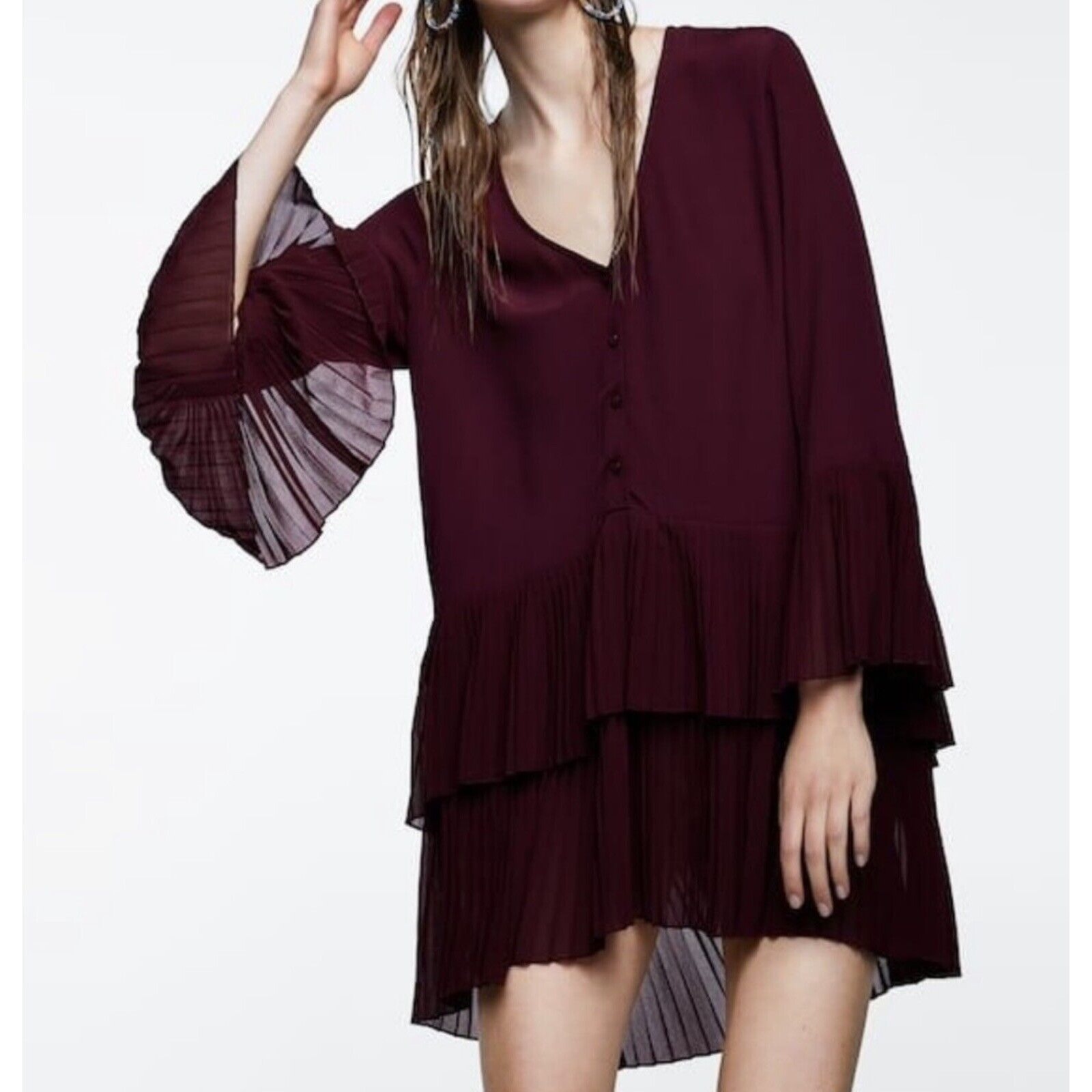 Zara Size Xs Dress Burgundy Contrasting Pleated Tunic Top Blouse Popover Womenâs